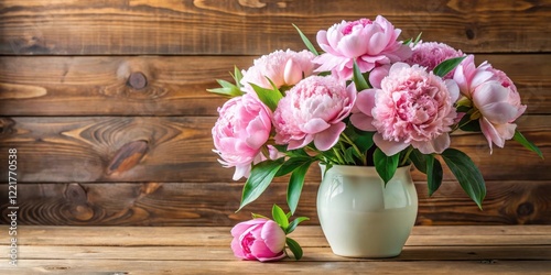 Fototapeta Naklejka Na Ścianę i Meble -  Freshly picked soft pink peonies arranged in a elegant white vase with lush greenery, set against a warm wooden background, pink peonies, bouquet