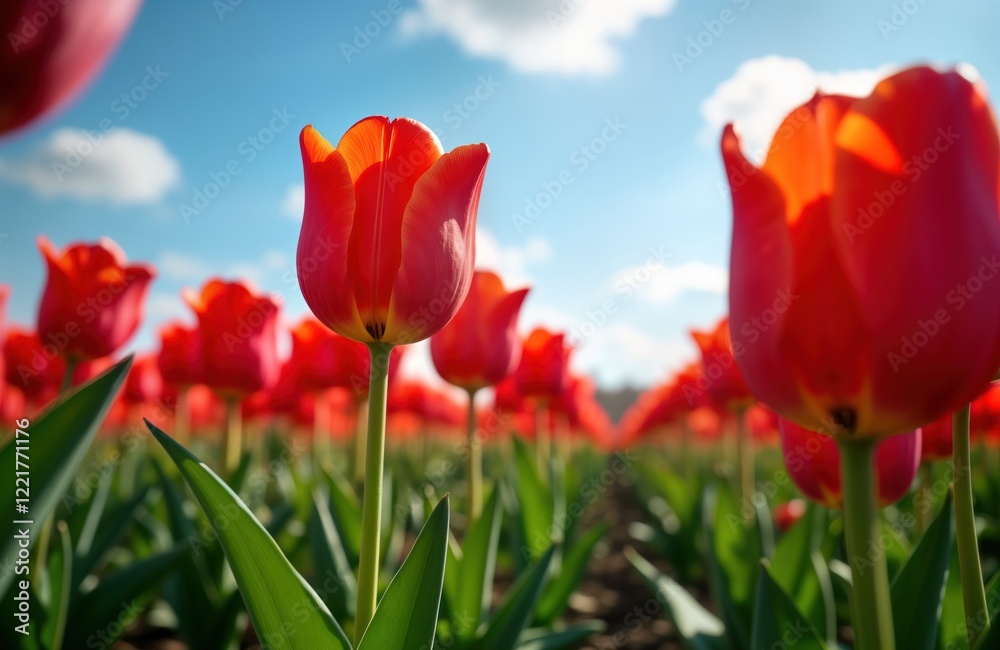 Beautiful red tulips blossom in field. Bright red flowers stand tall under blue sky. Springtime scenery in Netherlands. Agricultural industry. Tulip bulbs production, trading. Stunning rural Beautiful red tulips blossom in field. Bright red flowers stand tall under blue sky. Springtime scenery in Netherlands. Agricultural industry. Tulip bulbs production, trading. Stunning rural