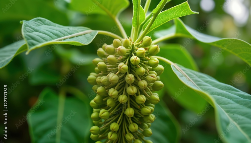 Obraz premium Close up of Griffonia simplicifolia plant in West Africa. Vibrant green leaves frame cluster of small green seeds. Tropical rainforest setting. Medicinal herb with potential for mental health