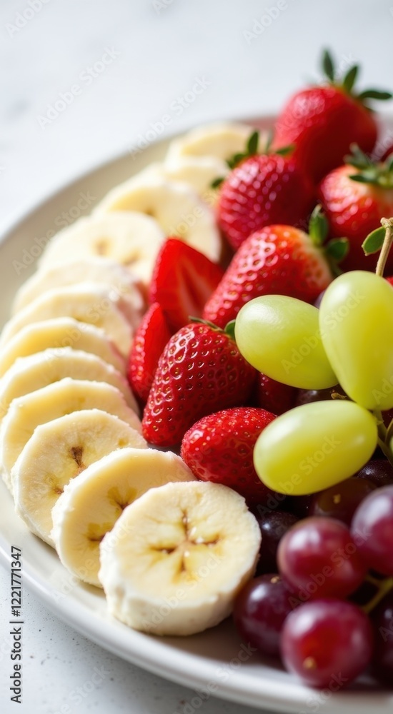 Plate of fruit with bananas, strawberries, grapes and strawberries Plate of fruit with bananas, strawberries, grapes and strawberries