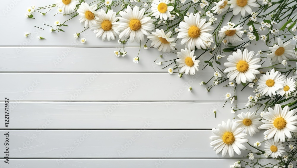 Fototapeta premium A corner arrangement of daisies and small white flowers on a white wood plank background.