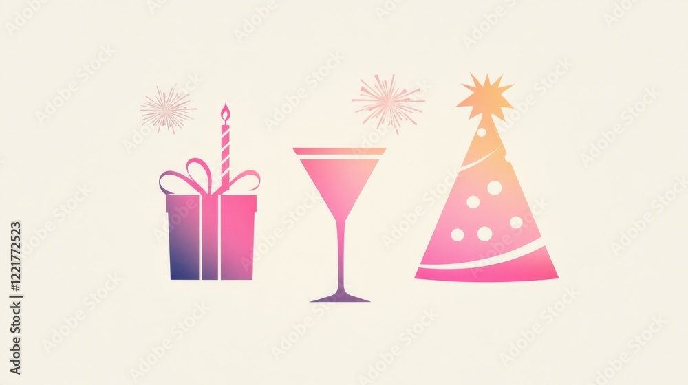 Festive Elements with Gift, Cocktail Glass and Party Hat Design Festive Elements with Gift, Cocktail Glass and Party Hat Design