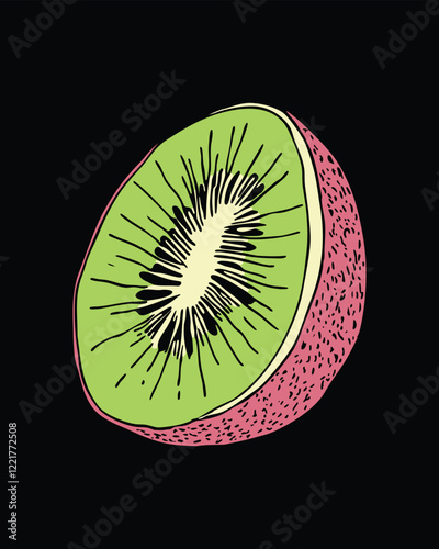 A vibrant illustration of a halved kiwi fruit against a black background.