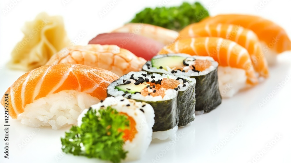 Delicious assortment of sushi, featuring salmon, shrimp, and maki rolls. Delicious assortment of sushi, featuring salmon, shrimp, and maki rolls.