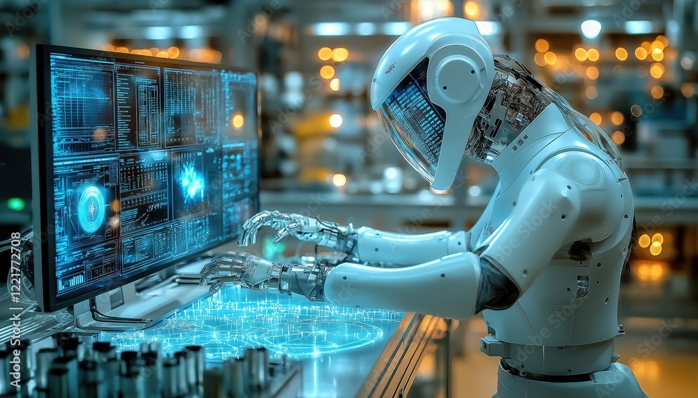 Fototapeta premium Robotics Lab Robot Analyzing Data on Screen in Modern Laboratory