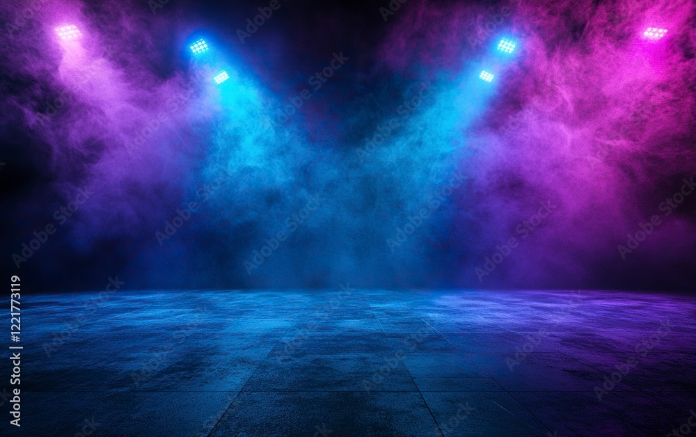 Obraz premium Epic background for photography, dance floor with neon blue and purple spotlights, smoke in the air, with generative ai