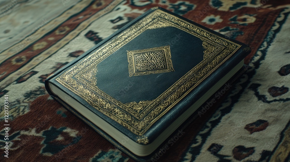 Fototapeta premium A closed Quran with a golden cover design, resting on a traditional Islamic patterned rug.