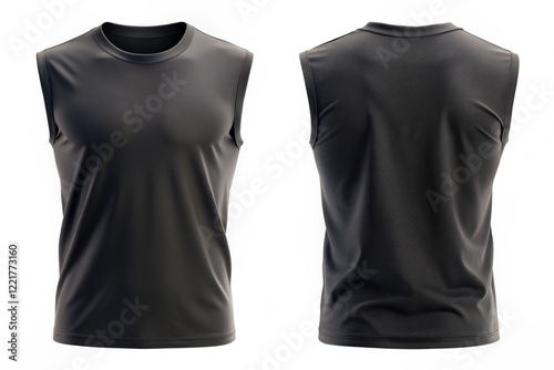 Blank black sleeveless shirt mockup isolated on white background, front and back view, 3d rendering. Empty jersey sport tank top for basketball uniform mock up,natural shape on invisible mannequin