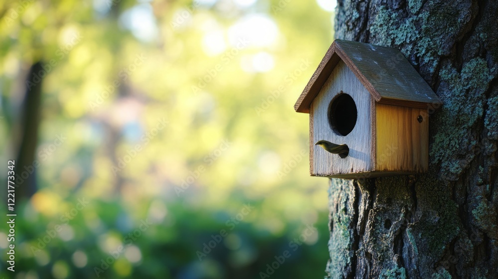 Small bird near wooden birdhouse attached to tree Small bird near wooden birdhouse attached to tree