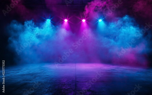 Epic background for photography, dance floor with neon blue and purple spotlights, smoke in the air,  with generative ai