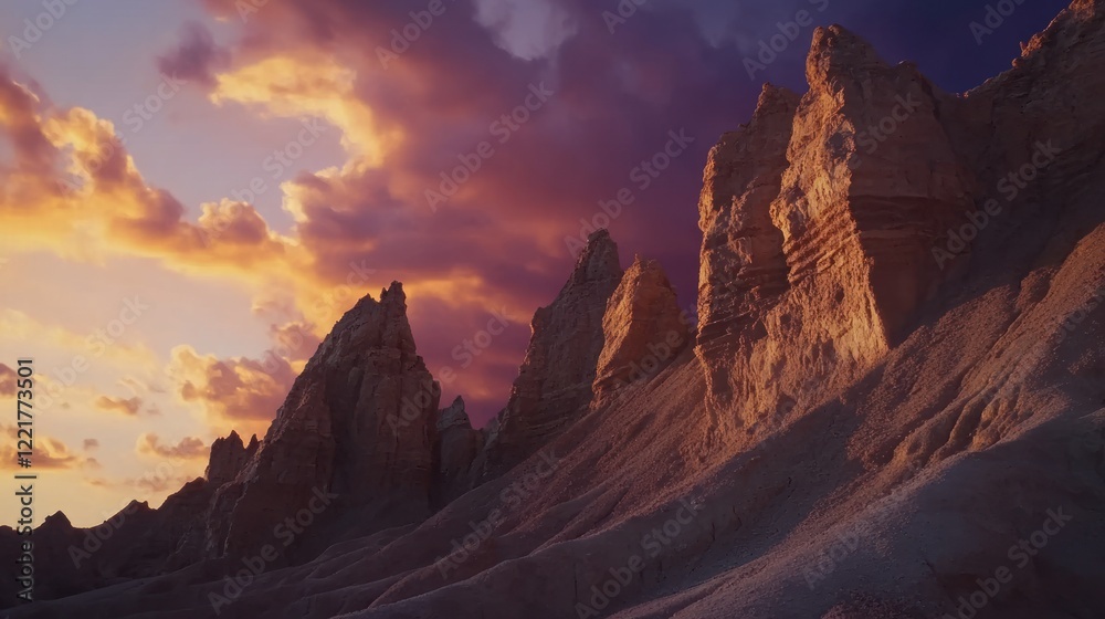 Naklejka premium Majestic Sunset Over Dramatic Rock Formations