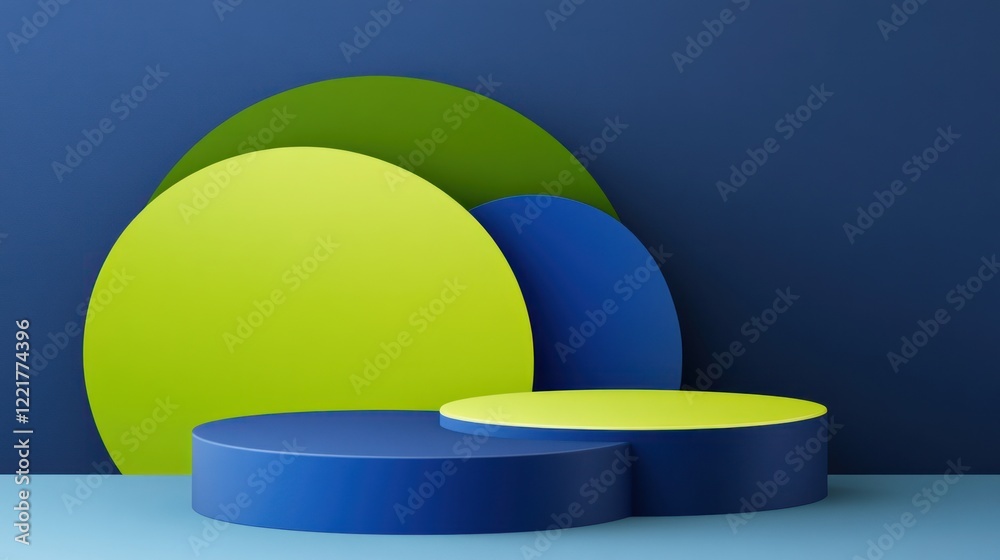 Abstract blue and green geometric shapes on display stand. Abstract blue and green geometric shapes on display stand.