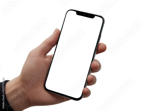 Hand holding a smartphone. Transparent mobile screen mockup. No background.
