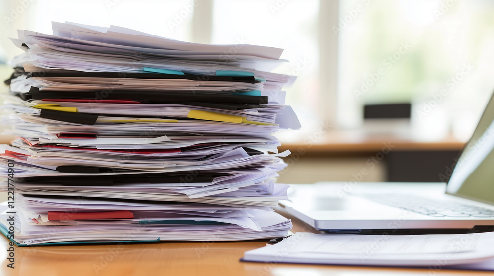 Modern office desk with organized stack of documents and laptop, representing workplace efficiency, policy management, and professional organization in corporate environment. Modern office desk with organized stack of documents and laptop, representing workplace efficiency, policy management, and professional organization in corporate environment.