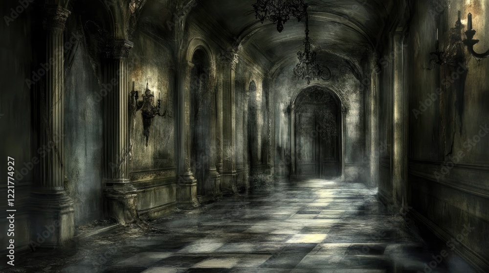 Naklejka premium A dark and gloomy hallway with broken light fixtures, evoking feelings of isolation and negative energy.