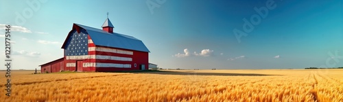 Red barn painted with American flag design stands in golden wheat field under clear blue sky. Rural landscape. Patriotism theme. Great for memorial day Independence day. Perfect for agricultural,