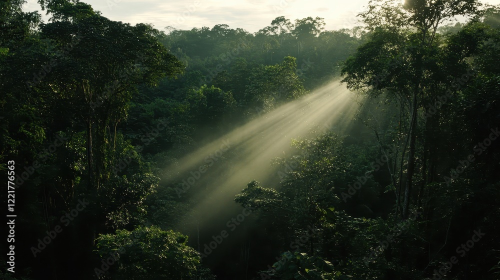 Fototapeta premium Sunbeams Illuminate Lush Green Rainforest Canopy