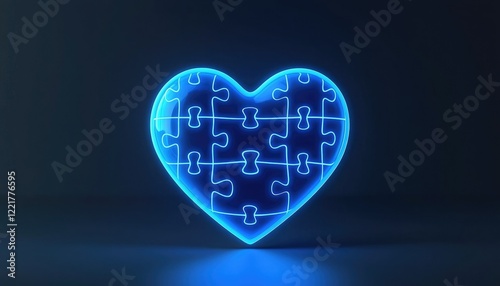 A glowing blue heart made of puzzle pieces symbolizes love and connection, set against a dark background.