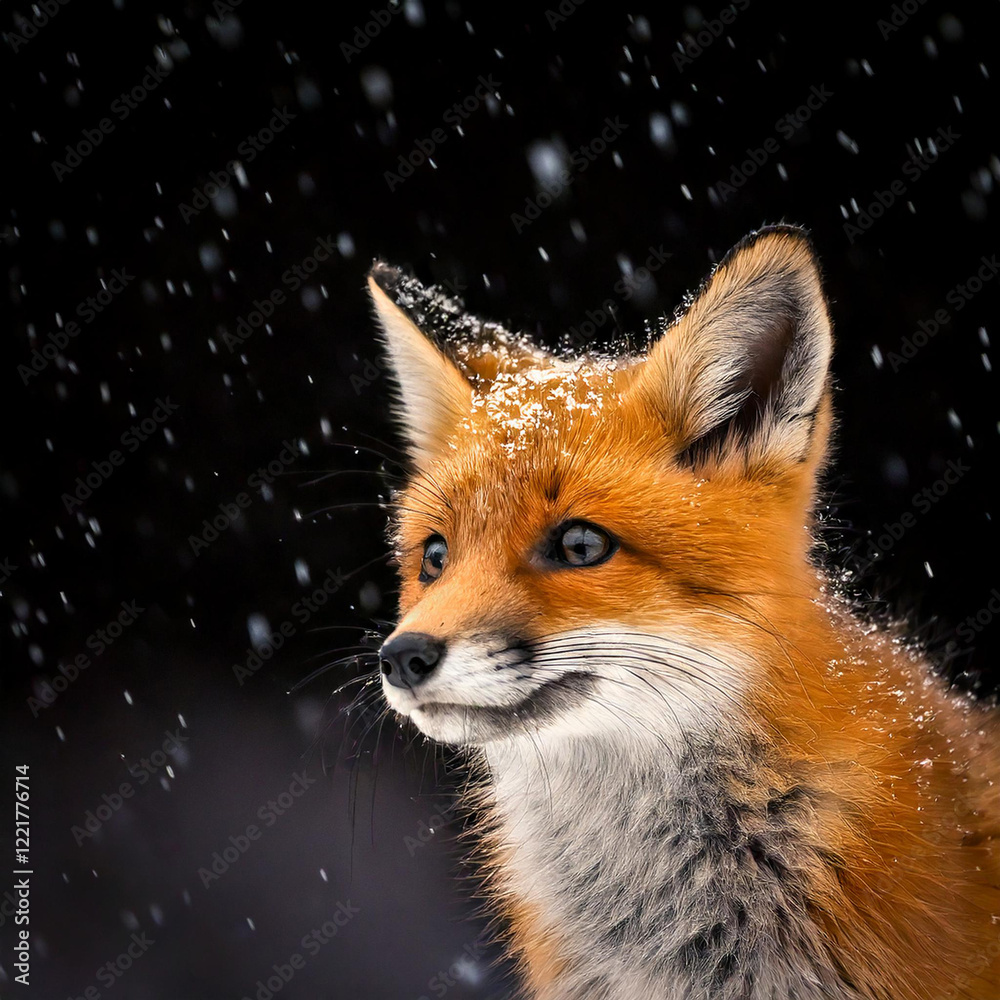 Obraz premium A fox cub is watching the snow fall as winter arrives