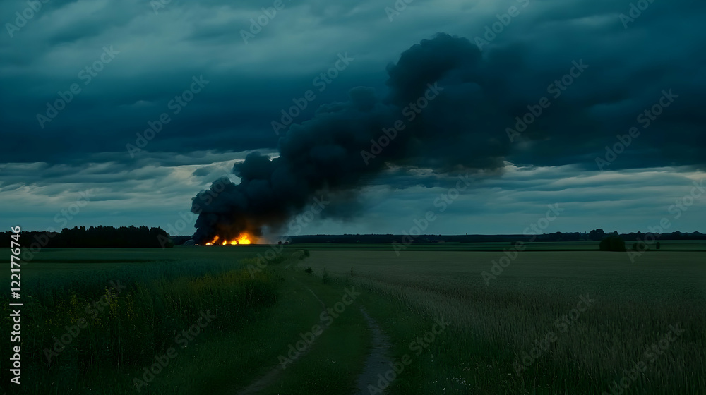 Distant inferno: a fiery blaze under a brooding sky Distant inferno: a fiery blaze under a brooding sky