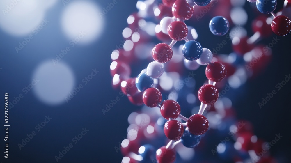 Abstract Representation of a DNA Molecule, Close-Up View of Double Helix Structure with Red, White, and Blue Spheres, Depicting Genetic Code Abstract Representation of a DNA Molecule, Close-Up View of Double Helix Structure with Red, White, and Blue Spheres, Depicting Genetic Code