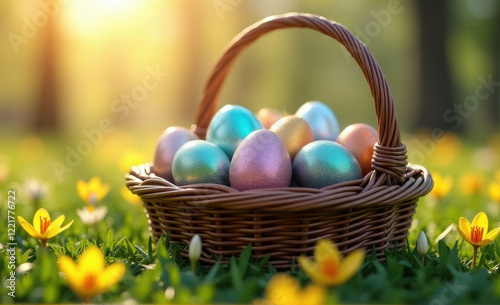easter basket with easter eggs in the field