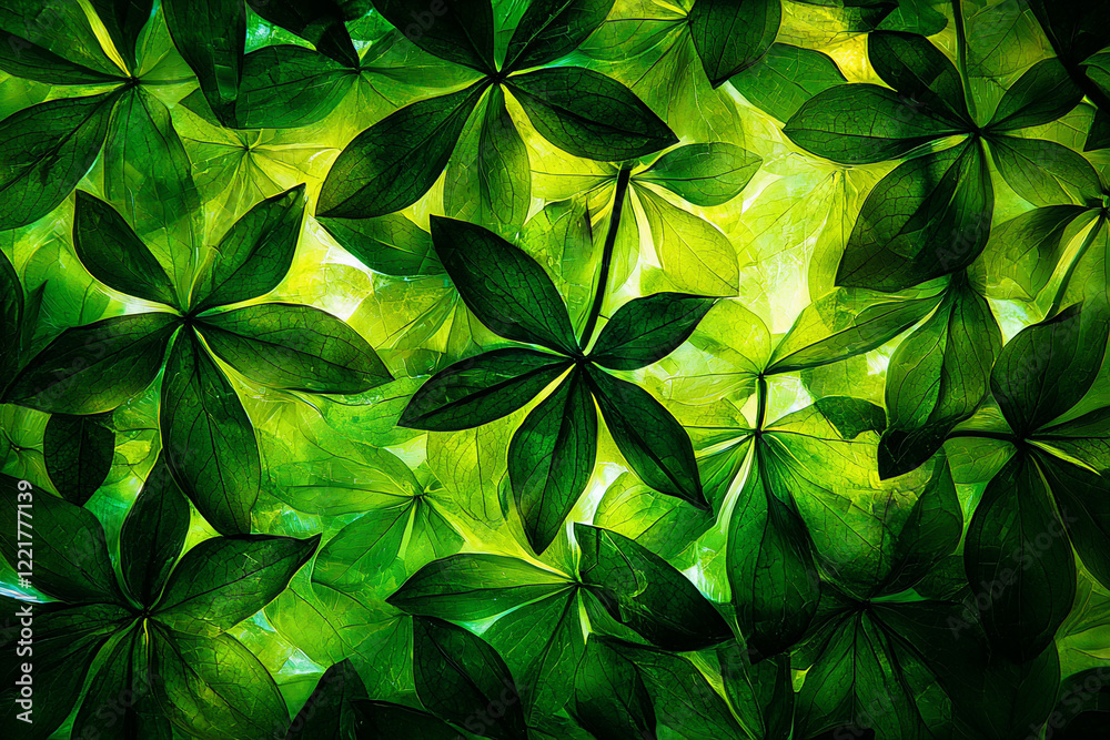 Lush green leaves illuminated from below, creating a vibrant natural pattern, ideal for backgrounds Lush green leaves illuminated from below, creating a vibrant natural pattern, ideal for backgrounds