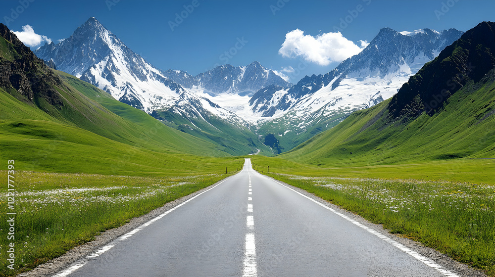 Fototapeta premium Serene Road Through Lush Valley Under Majestic Mountain Peaks