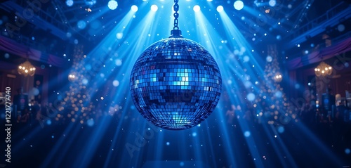 Disco Ball Hanging in a Blue Lit Ballroom