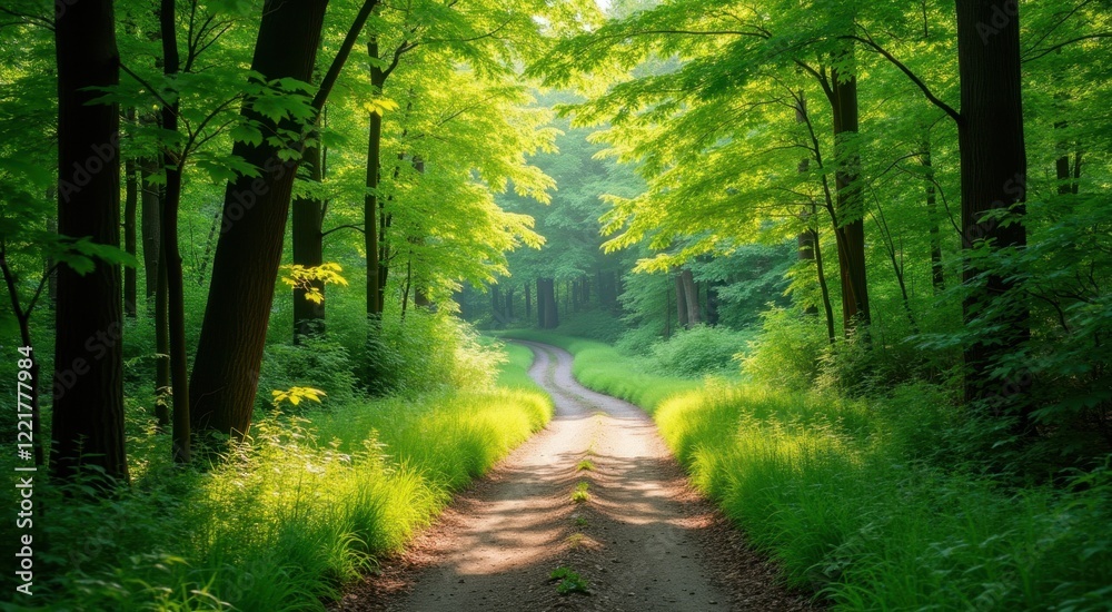 Fototapeta premium Dirt road that is surrounded by trees and grass