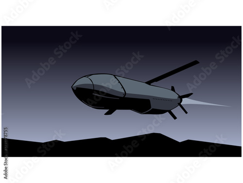 Cruise missile strike. A cruise missile in the night sky. Vector image for prints, poster and illustrations.