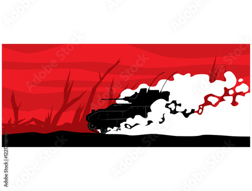 M2 Bradley IFV attacks. . Infantry fighting vehicle on the battlefield. Vector image for prints, poster and illustrations.
