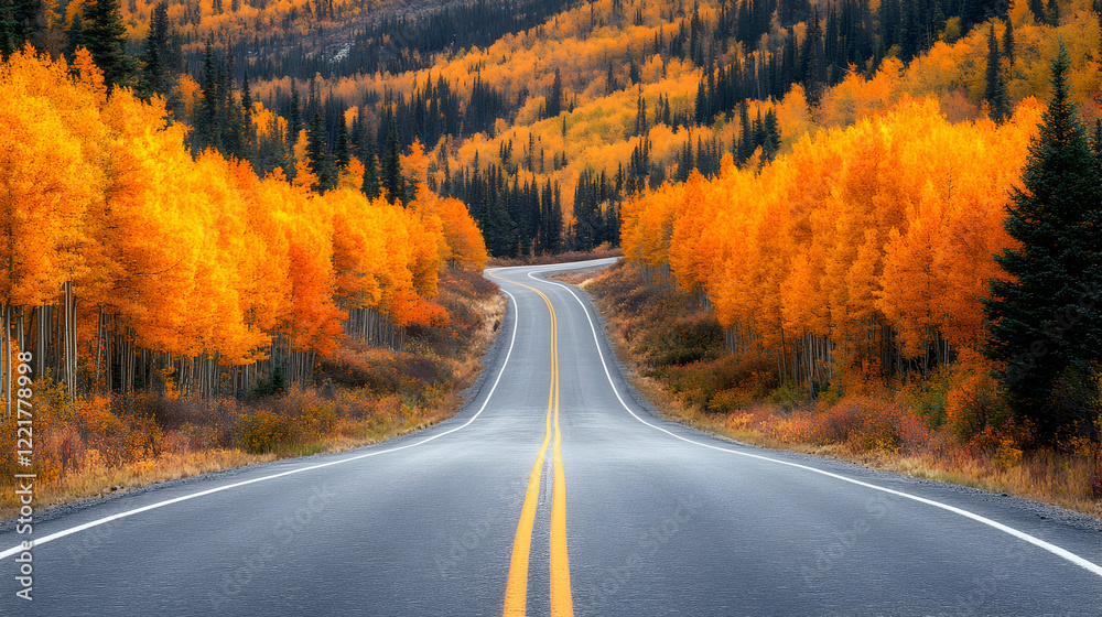 Fototapeta premium Scenic Autumn Road Surrounded by Vibrant Orange and Yellow Trees