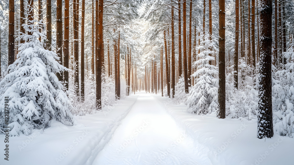 Snowy Pathway Through Pine Trees in a Winter Wonderland Landscape Snowy Pathway Through Pine Trees in a Winter Wonderland Landscape