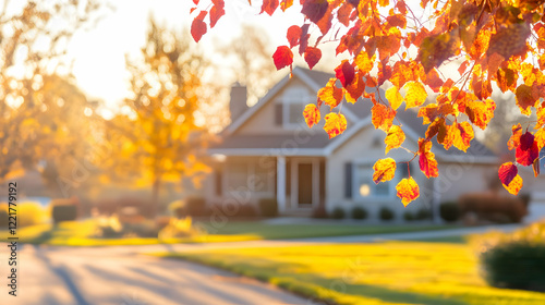 Autumnal House in Warm Sunlight, Fall Leaves, Dreamy Suburban Scene