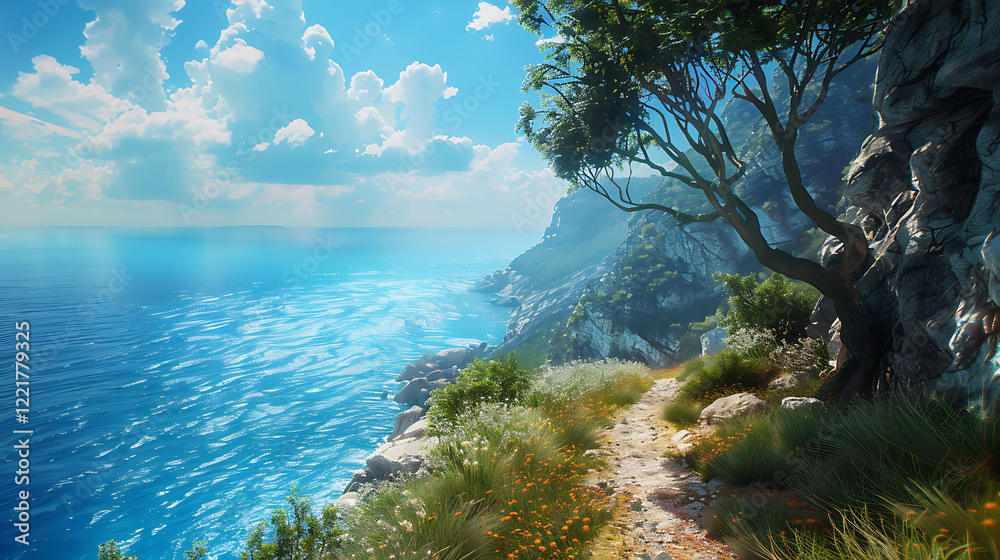 A scenic trail winding along a rugged cliffside with breathtaking ocean views and sunlight reflections A scenic trail winding along a rugged cliffside with breathtaking ocean views and sunlight reflections