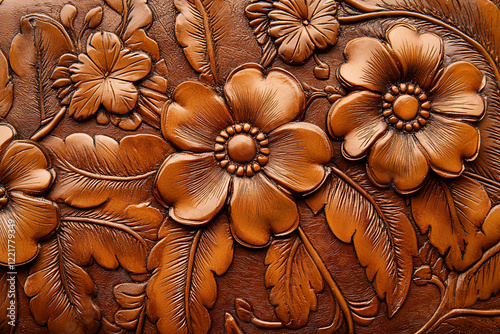 Intricate floral leather embossing showcasing detailed flowers and leaves, perfect for design inspiration