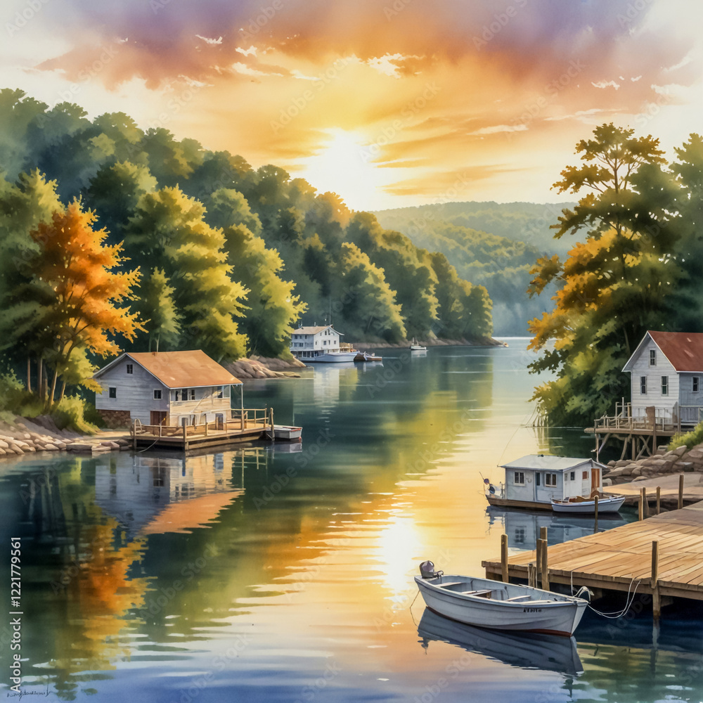 Fototapeta premium watercolor of the Lake of the Ozarks near the city of Lake Ozark, Missouri, during a summer sunrise.