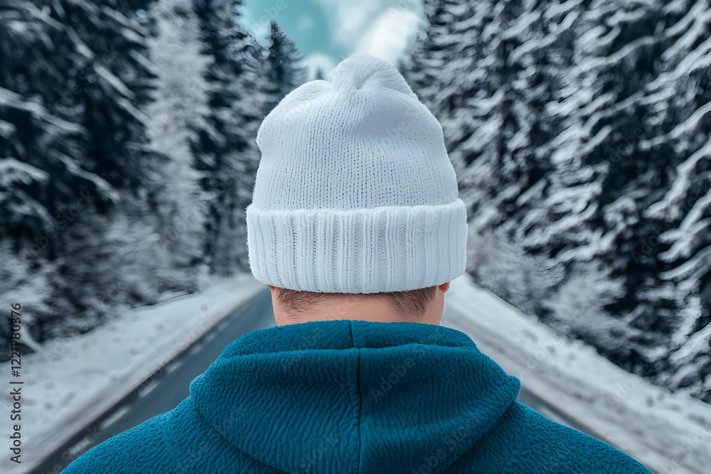 Man in winter hat on snowy road Man in winter hat on snowy road