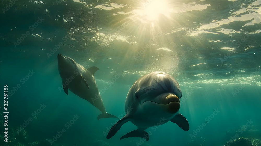 Fototapeta premium Radiant Dolphins: Underwater Sunlit Dance