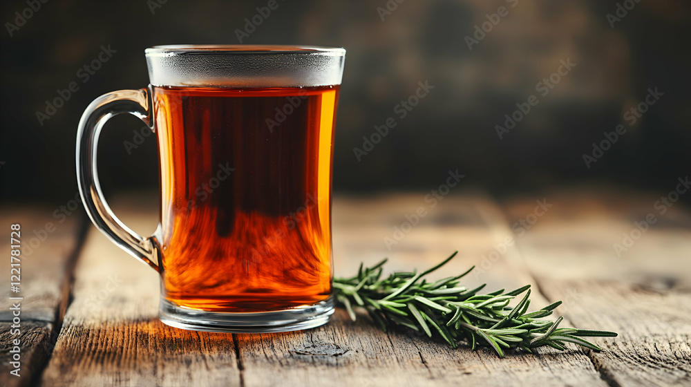 Glass of Brown Beverage with Green Herb on Wooden Table Glass of Brown Beverage with Green Herb on Wooden Table