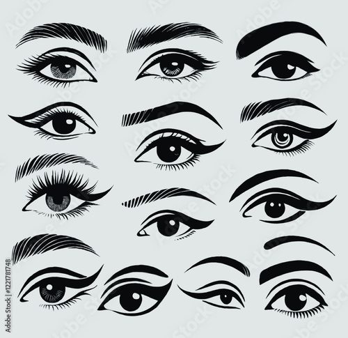 Adobe Illustrator Artwork, Set of different female eyes. Illustration isolated on white background. Eye icon set. Eyelash extensions, mascara, eyelashes, eyelash extensions. Set of women's types eyes