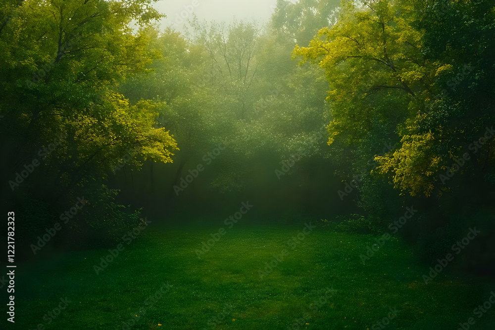 Naklejka premium Misty forest path, green grass, tranquil scene, nature background