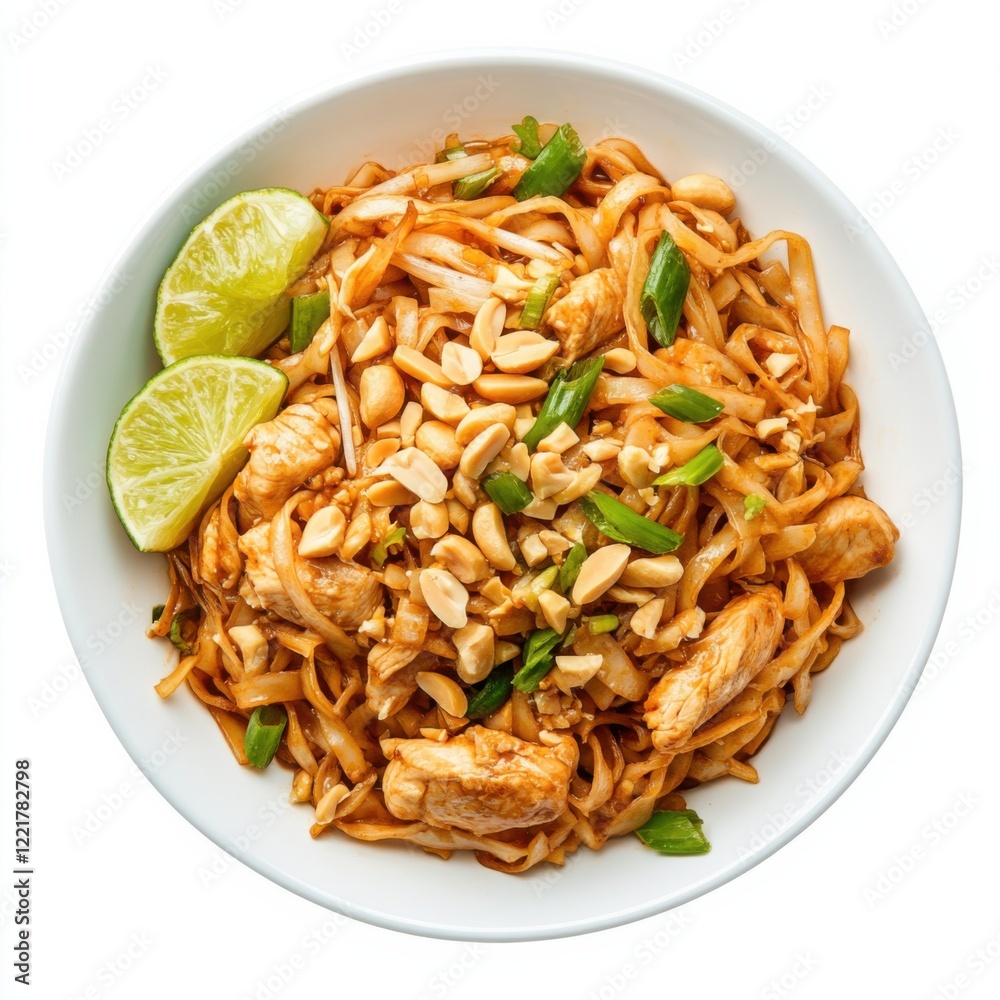 A spicy chicken pad thai with peanuts and lime wedges, isolated white background, contemporary art style A spicy chicken pad thai with peanuts and lime wedges, isolated white background, contemporary art style