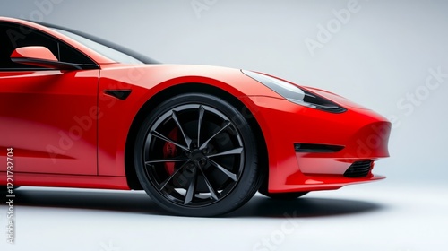 Sleek red sports car with black rims, showcasing its modern design and powerful stance.