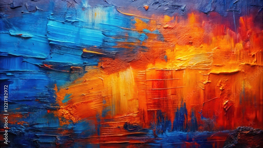 Naklejka premium Vibrant Impasto Painting in Blues and Oranges A Textured Abstract Artwork