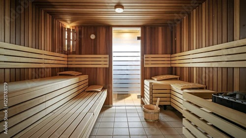 The sauna features warm wooden interiors, tiered benches, a frosted glass door, light beige tiles, a minimalist design, and essential sauna accessories.