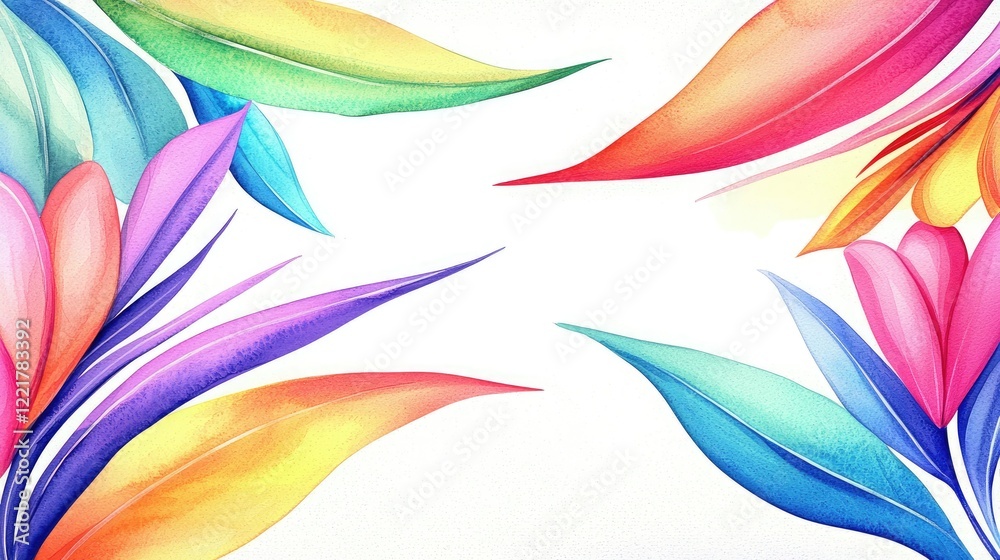 Fototapeta premium A vibrant watercolor floral design featuring colorful leaves and petals, creating a lively and artistic composition.