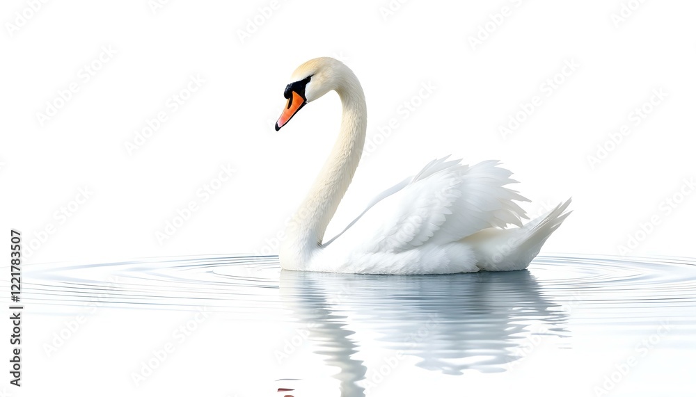 Elegant White Background Swan Gliding Gracefully on Tranquil Water Surface with Reflected Ripples Elegant White Background Swan Gliding Gracefully on Tranquil Water Surface with Reflected Ripples
