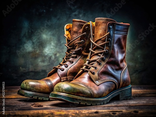 Vertical Close-up of Worn Military Boots on Black Background - Stock Photo photo